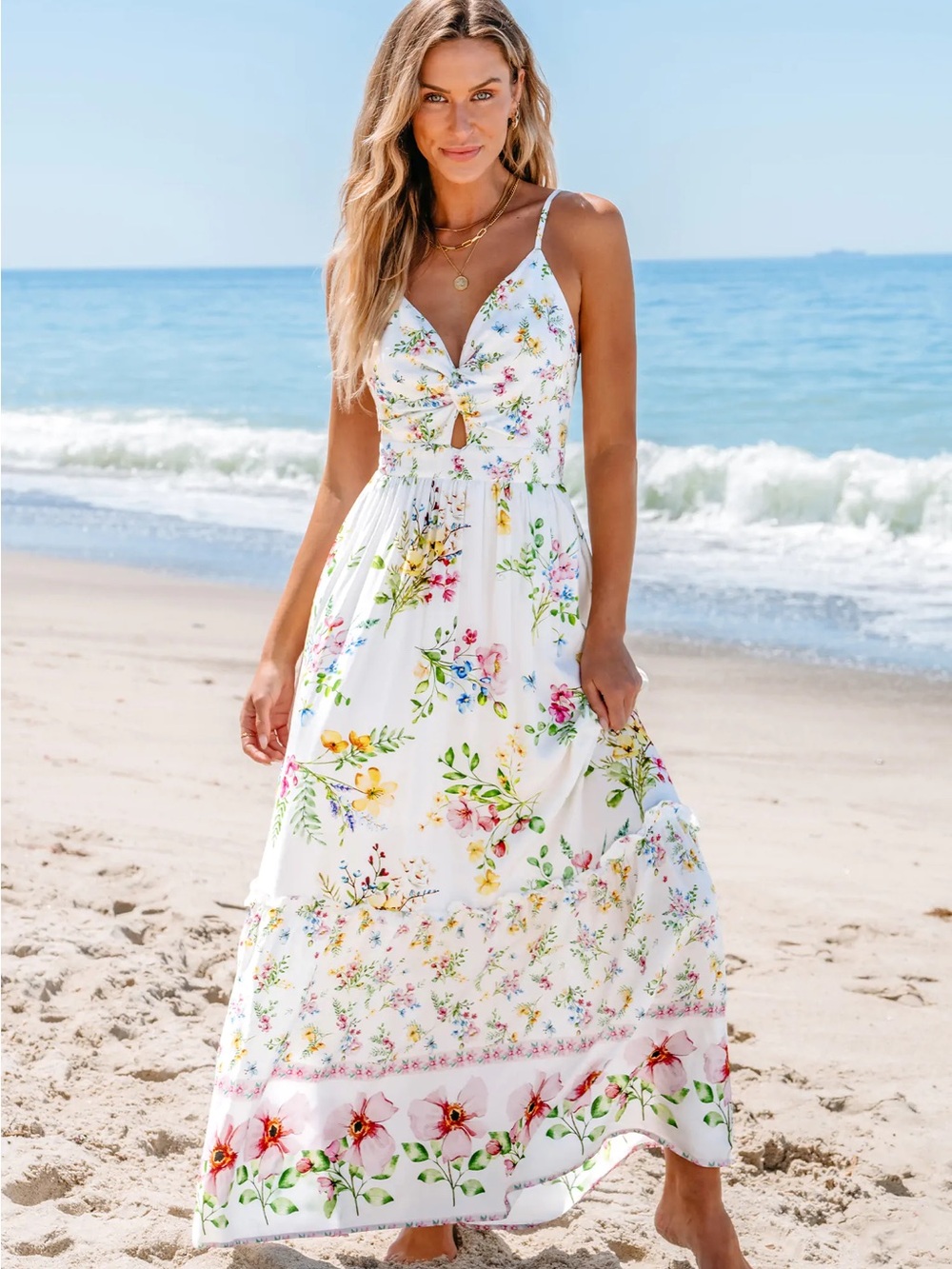 CUPSHE Floral Twisted Cutout Tiered Maxi Dress White Multicolor XL